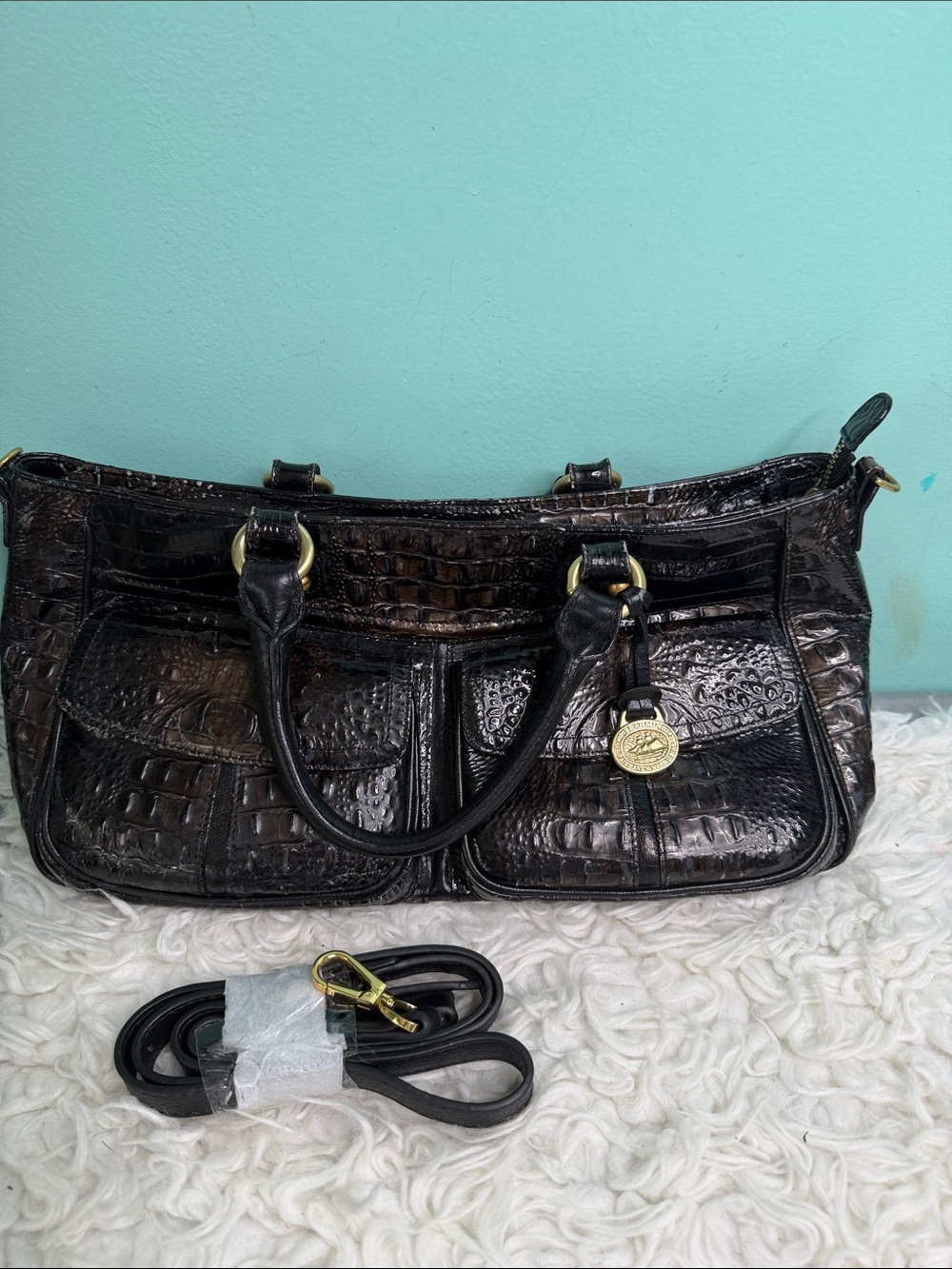Brahmin Vintage Black Croc-Embossed Satchel Handbag with Gold Accent